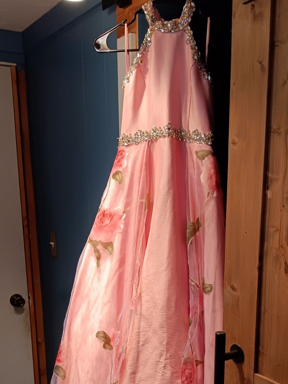 Pink Floral Beaded Halter Kids Dress